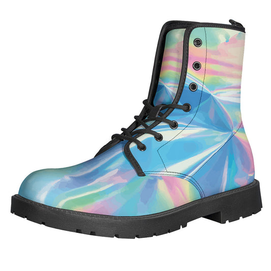 Blue Holographic Leather Boots: Groovy Style for Modern Hippies - 1