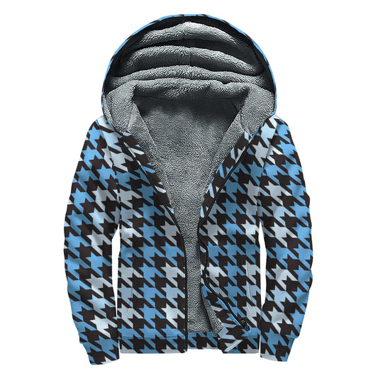 Blue Houndstooth Sherpa Style: Stay Cozy and Cool in this Hippie Zip Up Hoodie - 1