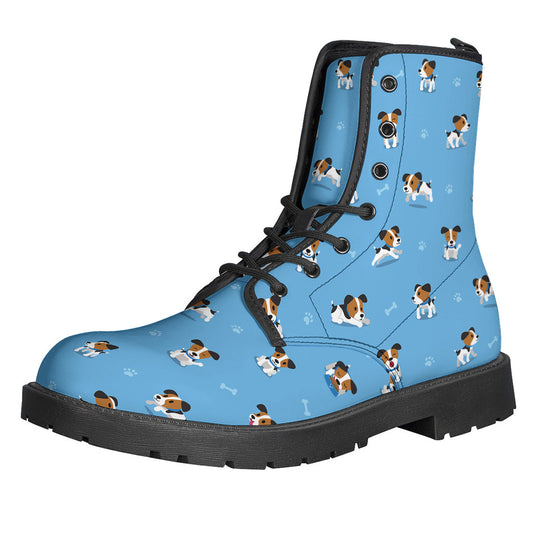 Boho Chic: Blue Jack Russell Terrier Pattern Leather Boots for Hippies - 1