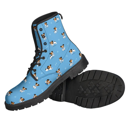 Boho Chic: Blue Jack Russell Terrier Pattern Leather Boots for Hippies - 2