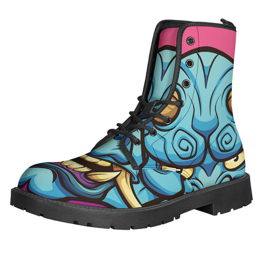 Blue Japanese Demon Print Leather Boots for Free-Spirited Hippies - 1