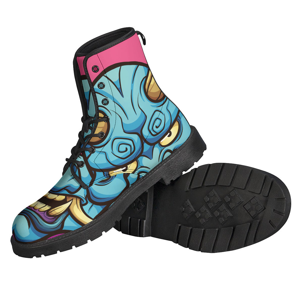 Blue Japanese Demon Print Leather Boots for Free-Spirited Hippies - 2