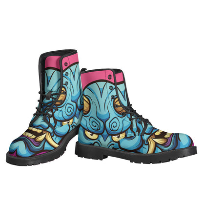 Blue Japanese Demon Print Leather Boots for Free-Spirited Hippies - 3