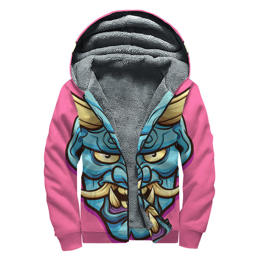 Blue Japanese Demon Print Sherpa Lined Zip Up Hoodie for Free Spirited Hippies - 1