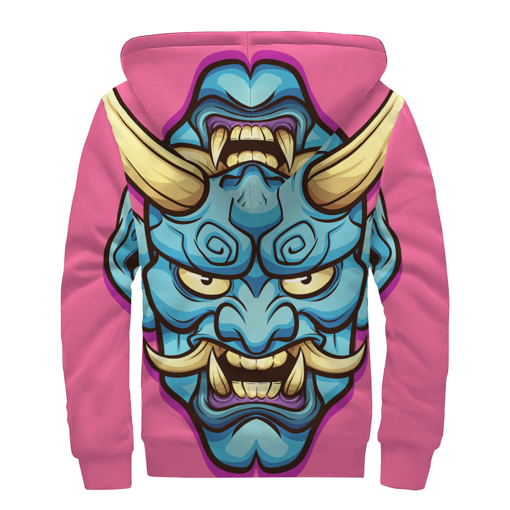 Blue Japanese Demon Print Sherpa Lined Zip Up Hoodie for Free Spirited Hippies - 2