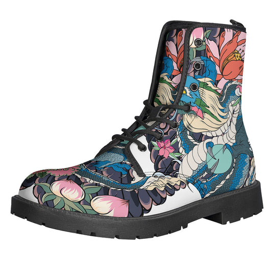 Blue Japanese Dragon Tattoo Leather Boots - For Stylish Hippies - 1