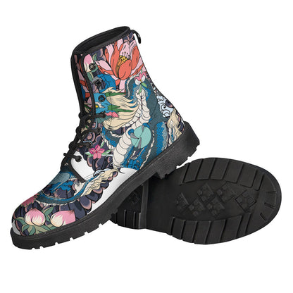 Blue Japanese Dragon Tattoo Leather Boots - For Stylish Hippies - 2