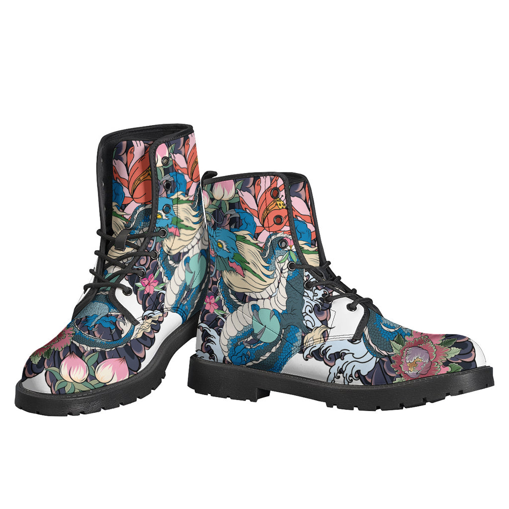 Blue Japanese Dragon Tattoo Leather Boots - For Stylish Hippies - 3