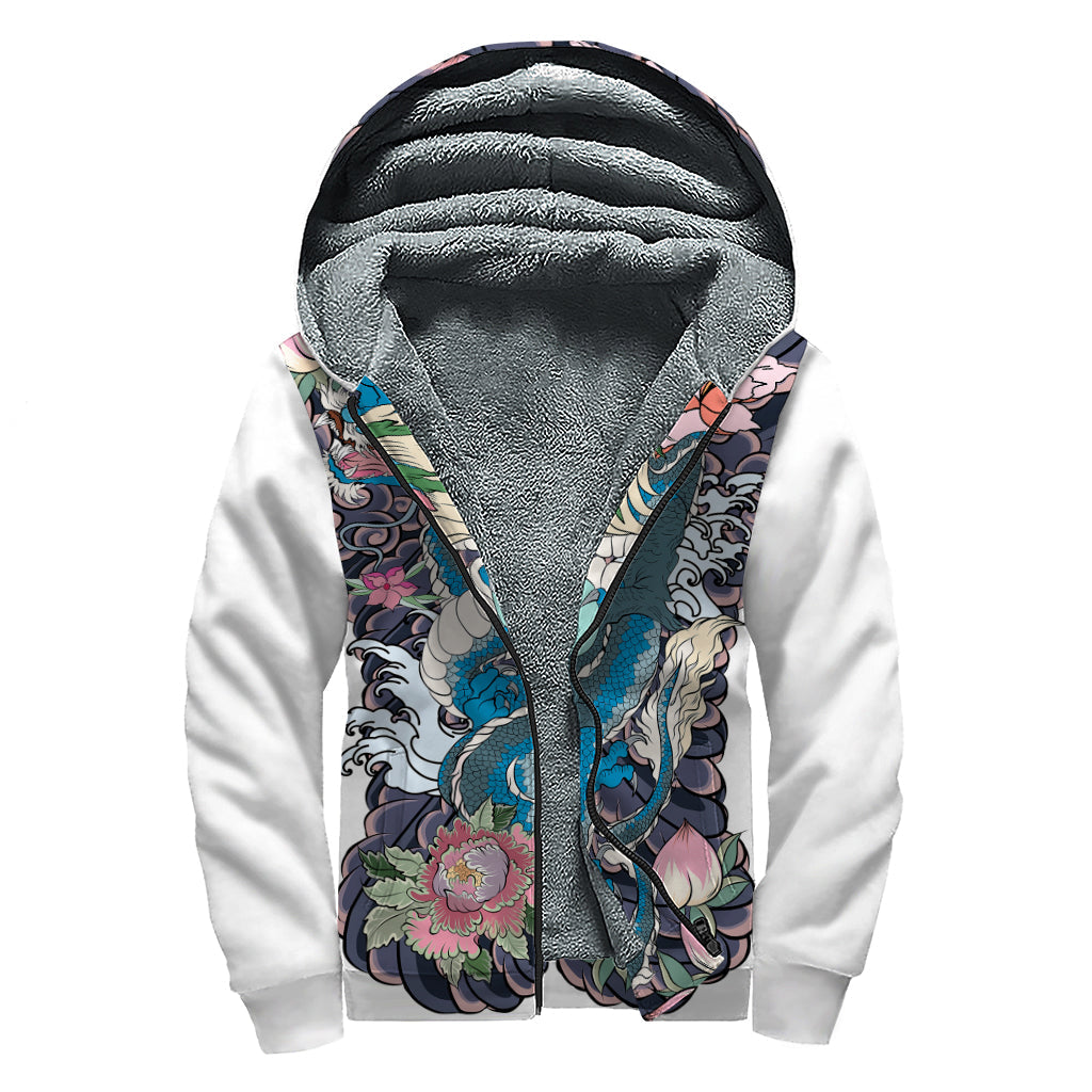 Blue Japanese Dragon Tattoo Print Sherpa Lined Zip Up Hoodie - Embrace Your Inner Hippie Style! - 1