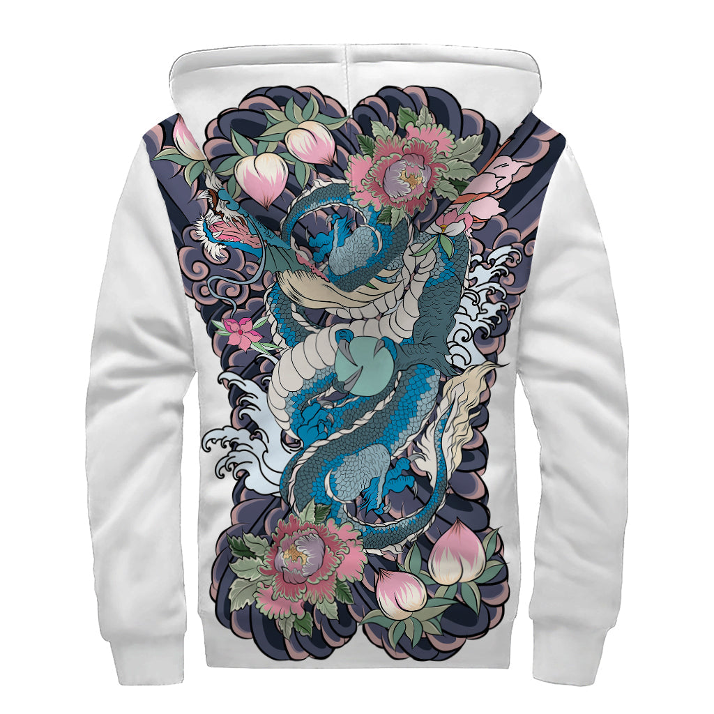 Blue Japanese Dragon Tattoo Print Sherpa Lined Zip Up Hoodie - Embrace Your Inner Hippie Style! - 2