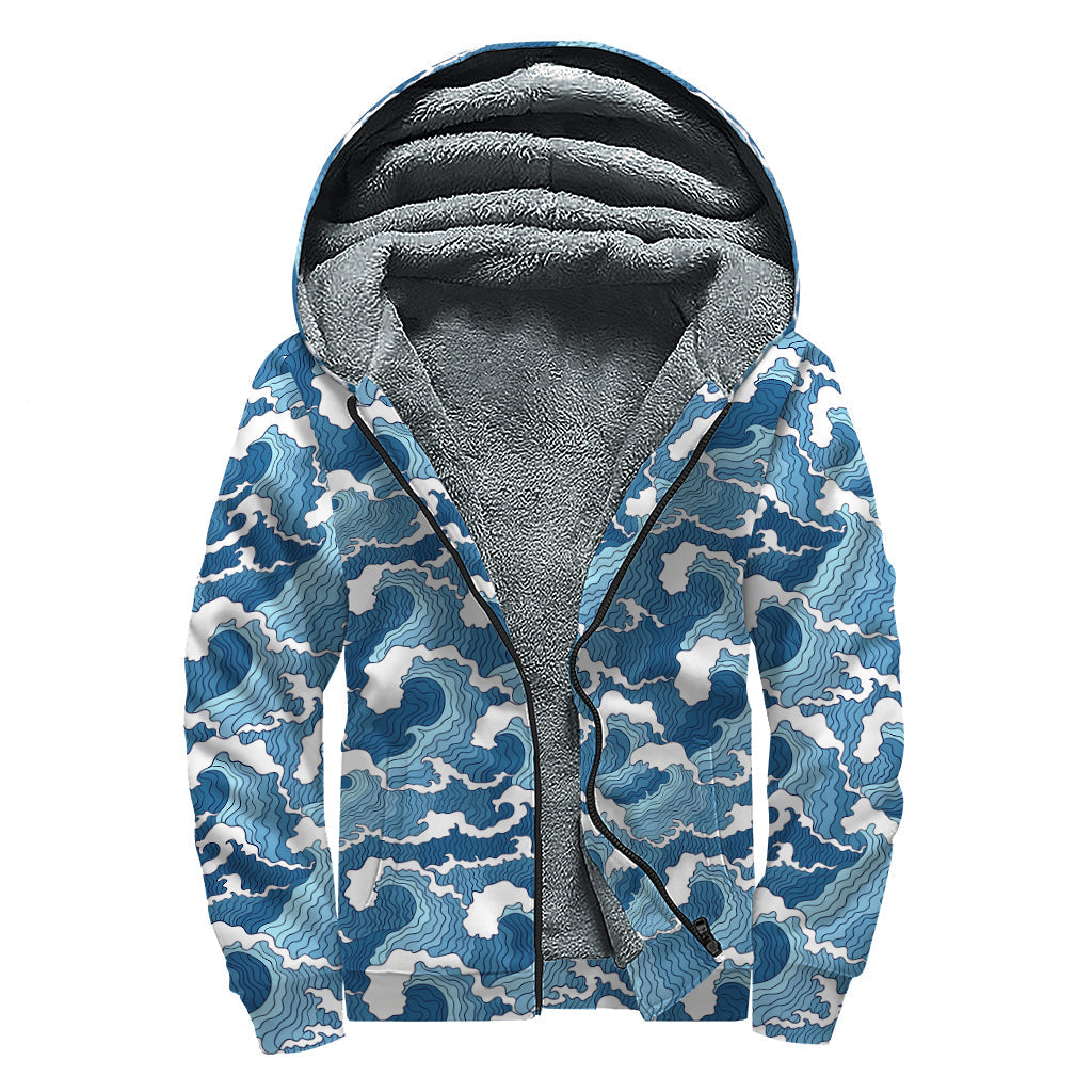 Blue Japanese Wave Pattern Sherpa-Lined Zip Up Hoodie for Groovy Hippies - 1