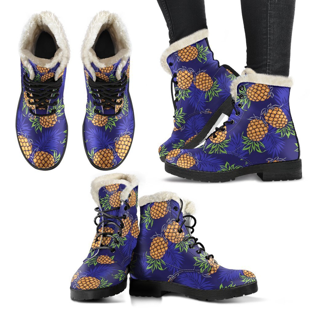 Get Groovy in These Blue Leaf Pineapple Pattern Faux Fur Leather Boots! - 2