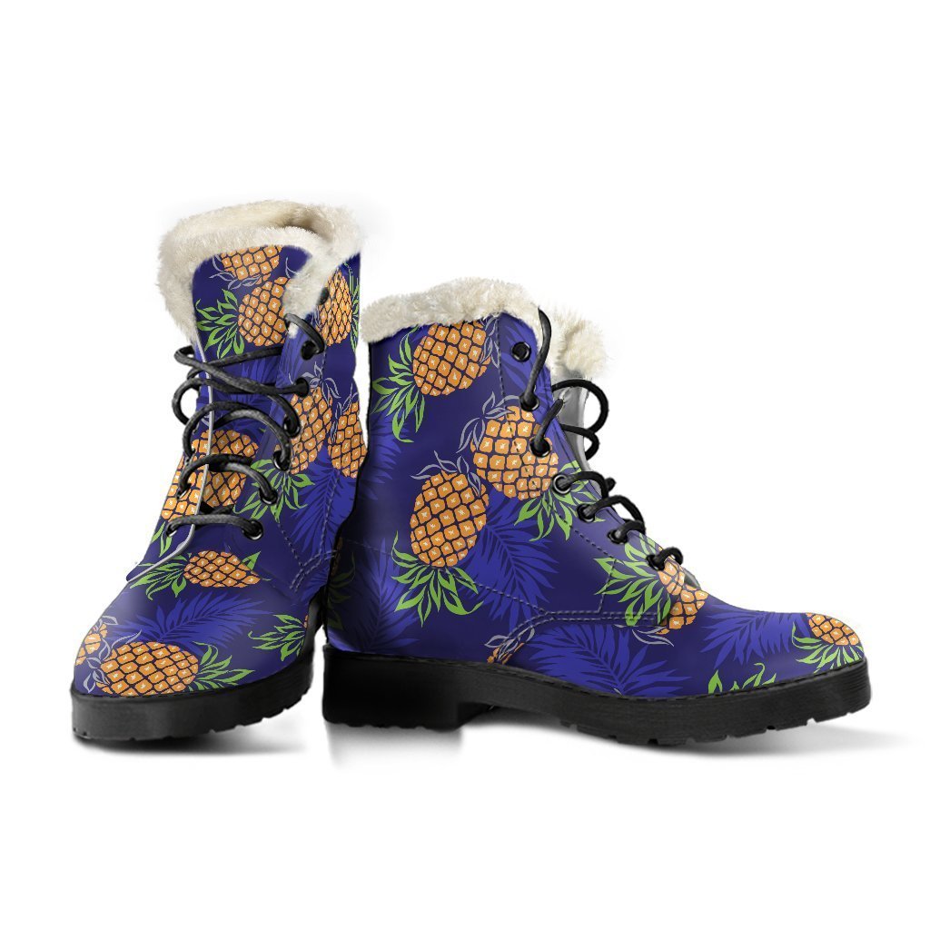 Get Groovy in These Blue Leaf Pineapple Pattern Faux Fur Leather Boots! - 3