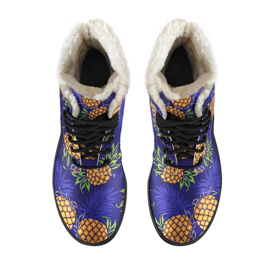 Get Groovy in These Blue Leaf Pineapple Pattern Faux Fur Leather Boots! - 4