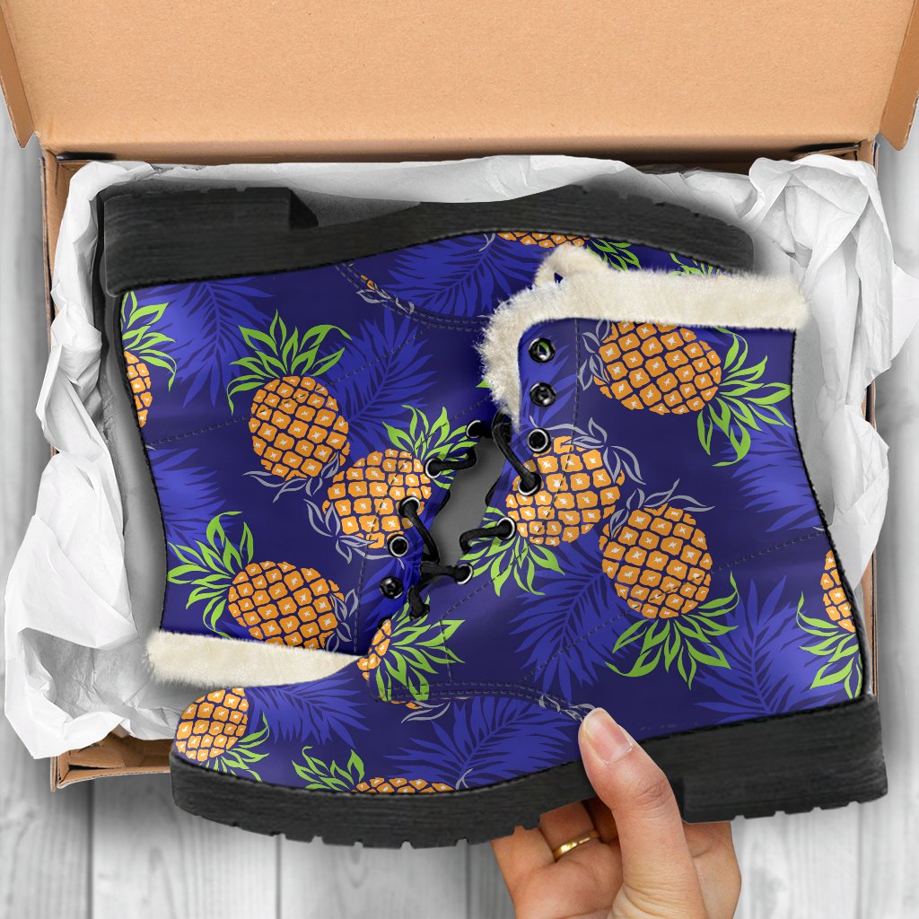 Get Groovy in These Blue Leaf Pineapple Pattern Faux Fur Leather Boots! - 5