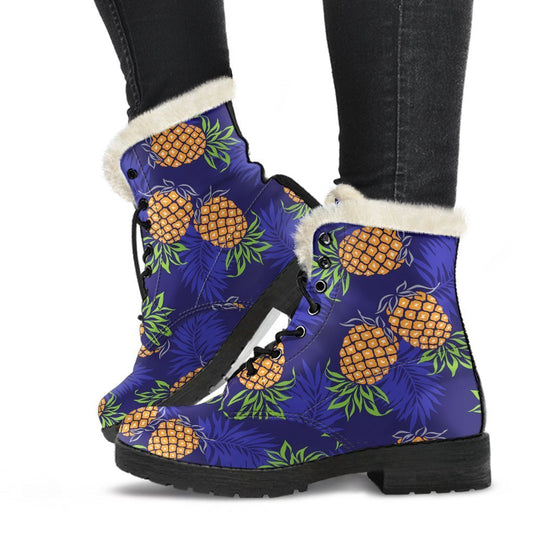 Get Groovy in These Blue Leaf Pineapple Pattern Faux Fur Leather Boots! - 1