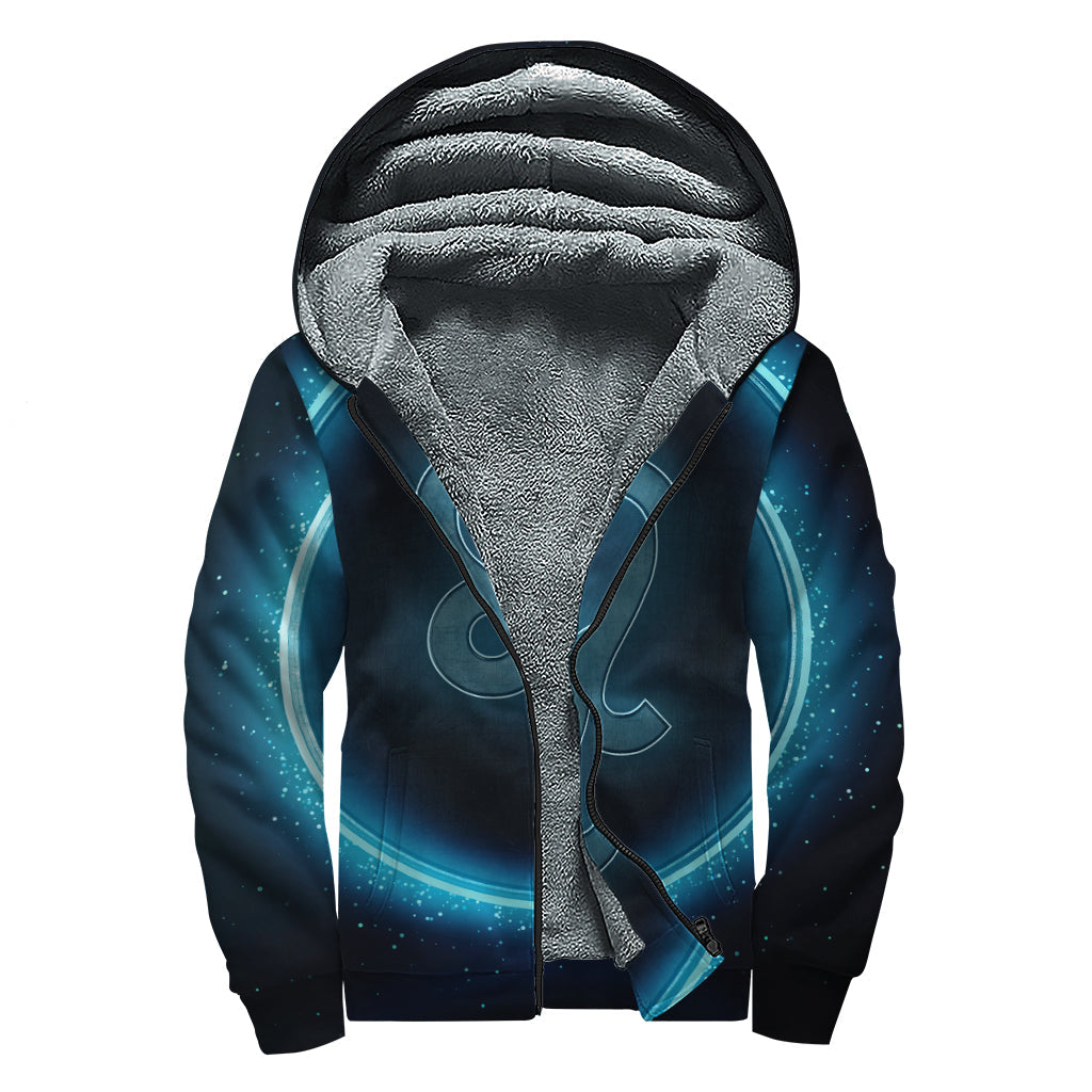 Blue Leo Zodiac Sign Print Hippie Sherpa Lined Zip Up Hoodie - 1