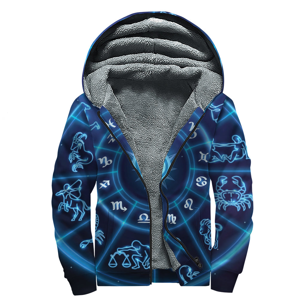 Boho Bliss: Blue Light Zodiac Circle Print Sherpa Lined Zip Up Hoodie - 1