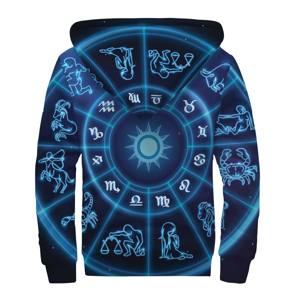 Boho Bliss: Blue Light Zodiac Circle Print Sherpa Lined Zip Up Hoodie - 2