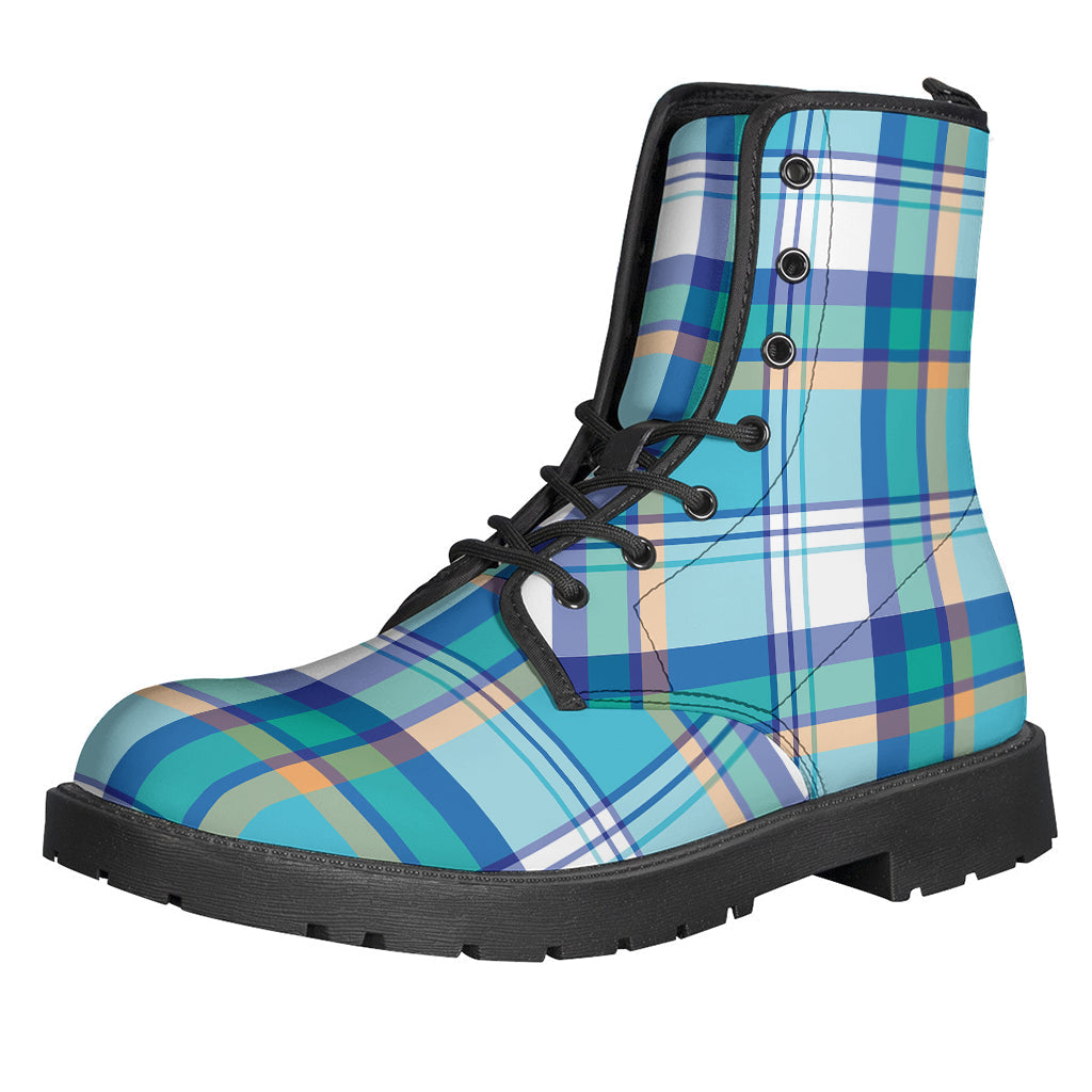 Blue Madras Pattern Leather Boots: Lightweight and Stylish Hippie Footwear - 1