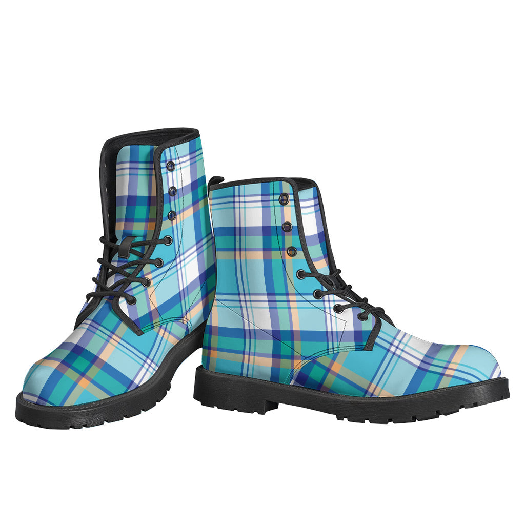 Blue Madras Pattern Leather Boots: Lightweight and Stylish Hippie Footwear - 3