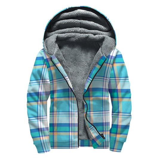 Blue Madras Pattern Print Sherpa-Lined Hippie Zip-Up Hoodie - 1