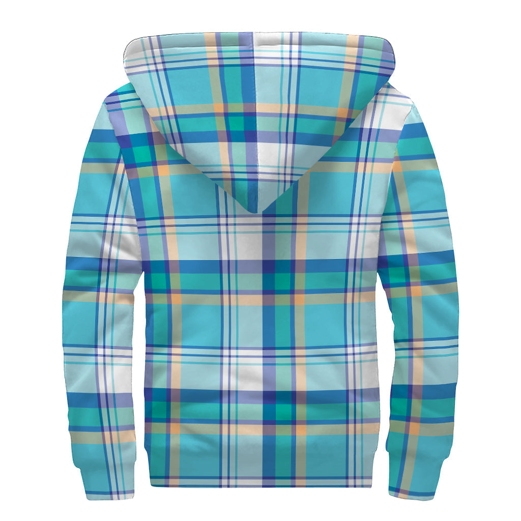 Blue Madras Pattern Print Sherpa-Lined Hippie Zip-Up Hoodie - 2