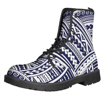 Blue Maori Polynesian Tattoo Print Lightweight Leather Hippie Boots - 1