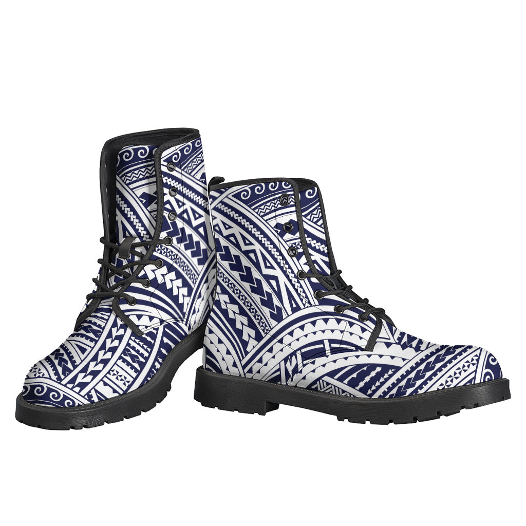 Blue Maori Polynesian Tattoo Print Lightweight Leather Hippie Boots - 3