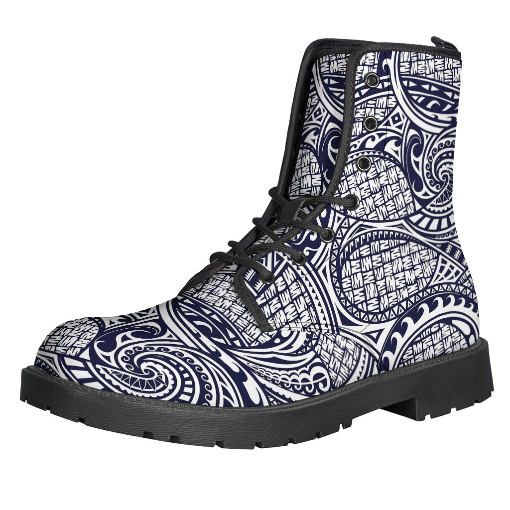 Boho Bliss: Blue Maori Polynesian Tribal Print Leather Lightweight Boots for Hippies - 1