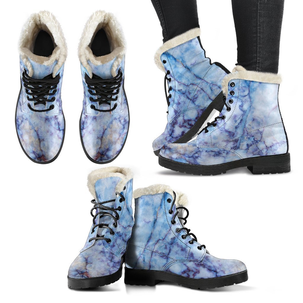 Groovy Blue Marble Print Faux Fur Leather Boots for Fashionable Hippies - 2