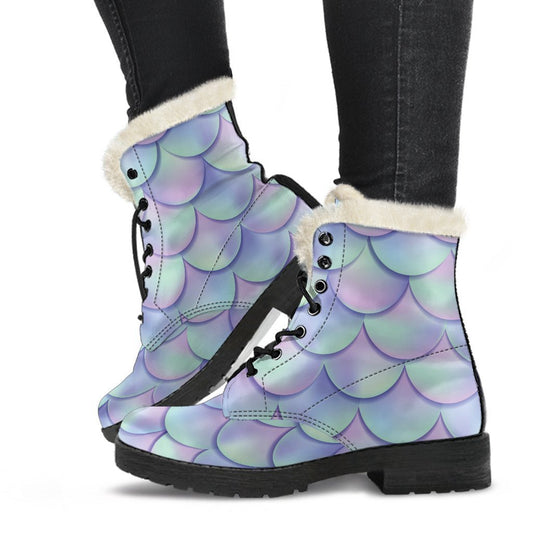 Blue Mermaid Scales Faux Fur Leather Boots for Groovy Hippies - 1