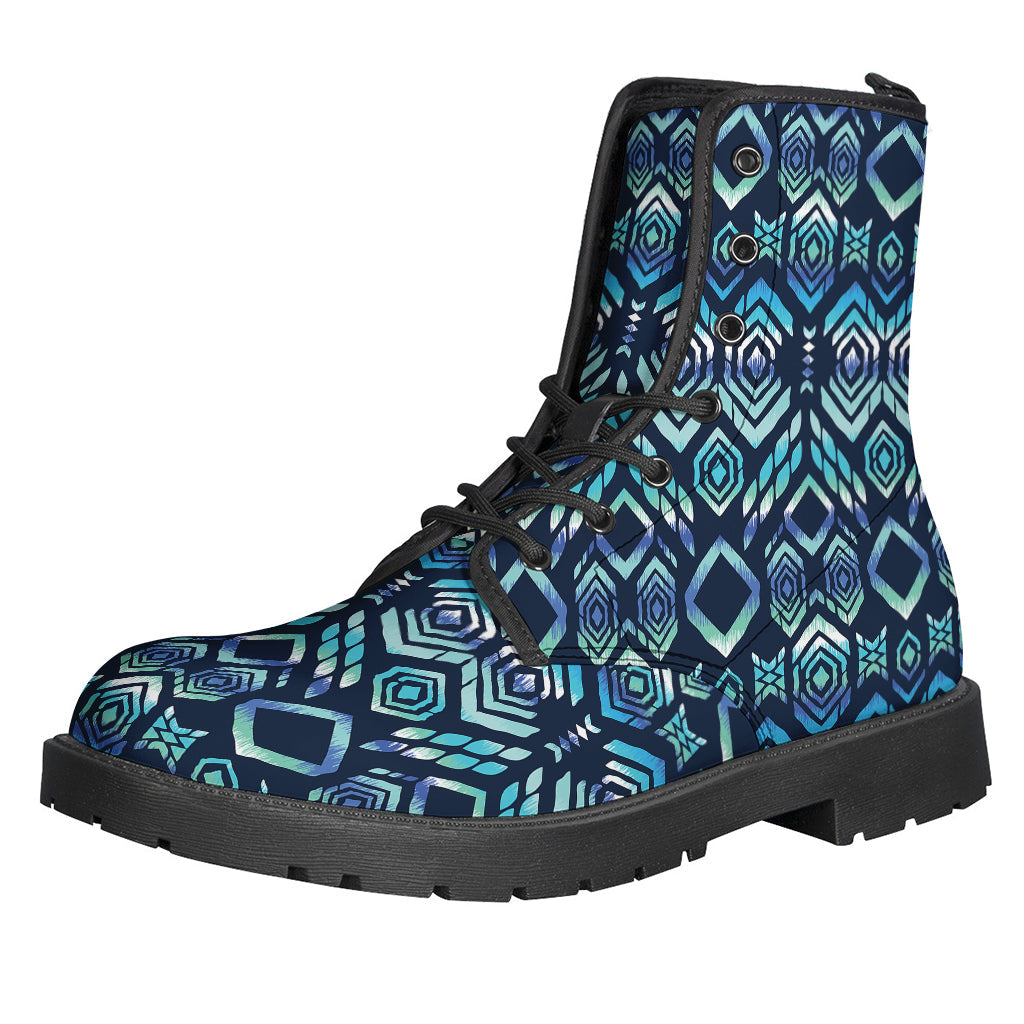 Blue Native Aztec Tribal Pattern Leather Lightweight Boots for the Free-Spirited Hippie - 1