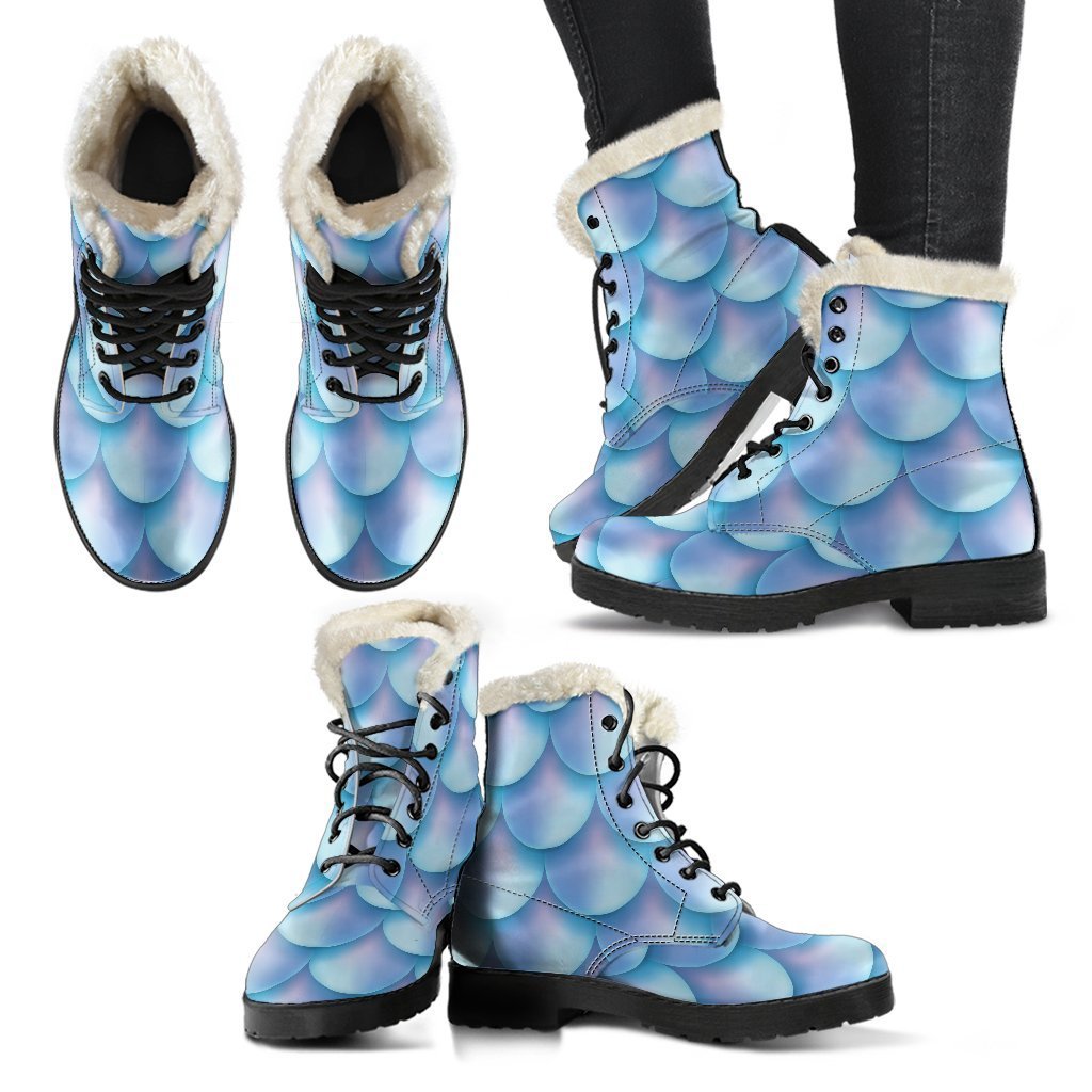 Blue Neon Mermaid Scales Faux Fur Leather Boots for Groovy Hippies - 2