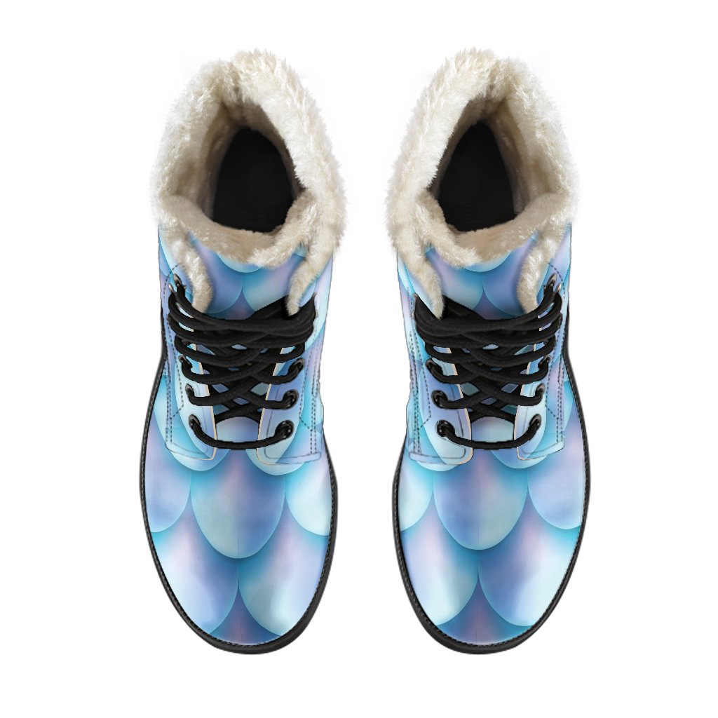 Blue Neon Mermaid Scales Faux Fur Leather Boots for Groovy Hippies - 4