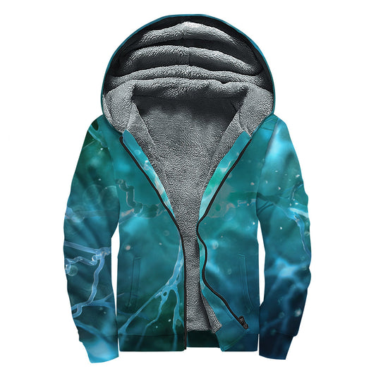 Blue Neurons in the Brain Hippie Style Sherpa Lined Zip Up Hoodie - 1