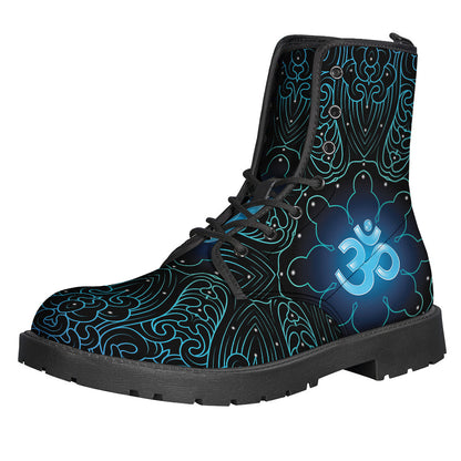 Blue Om Mandala Print Leather Boots: Embrace Your Inner Hippie Style - 1