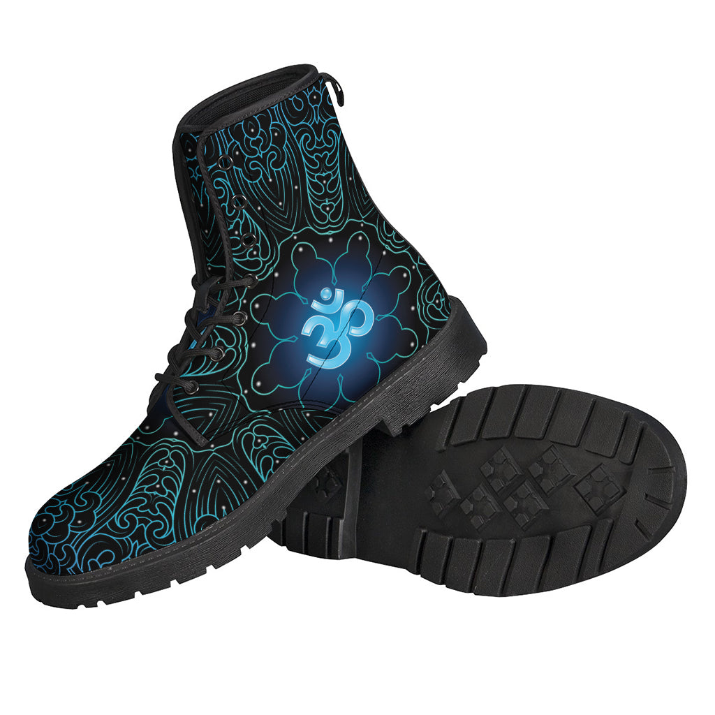 Blue Om Mandala Print Leather Boots: Embrace Your Inner Hippie Style - 2