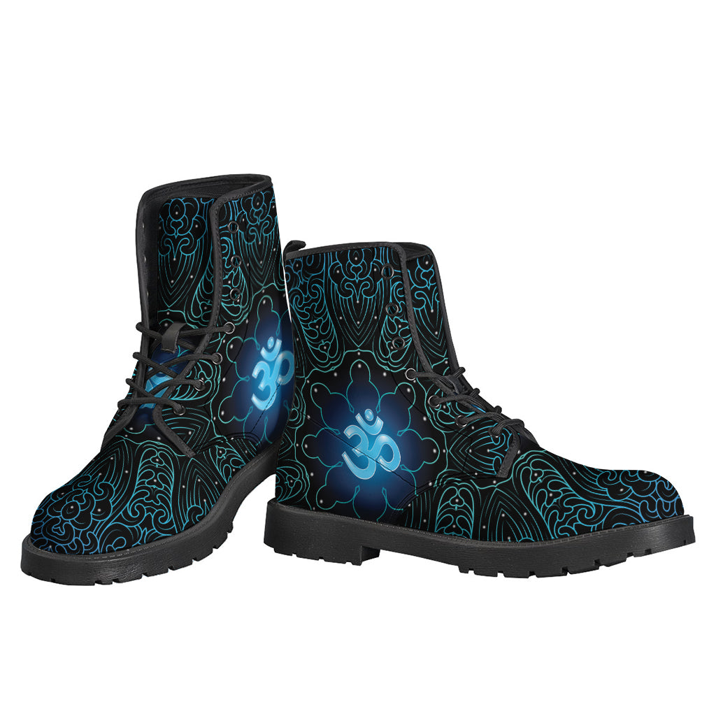 Blue Om Mandala Print Leather Boots: Embrace Your Inner Hippie Style - 3