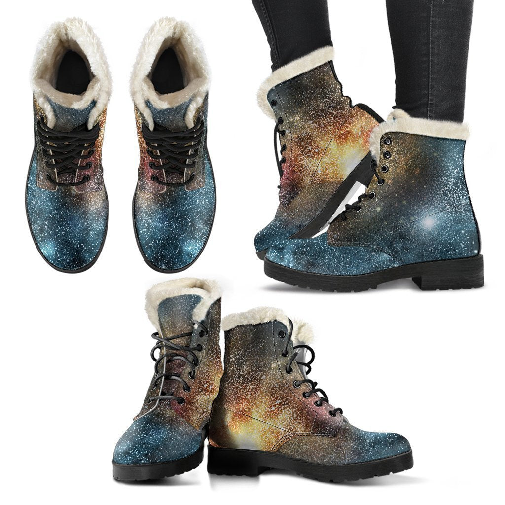 Groovy Galaxy Space Print Faux Fur Leather Boots for Hippie Chic Vibe - 2