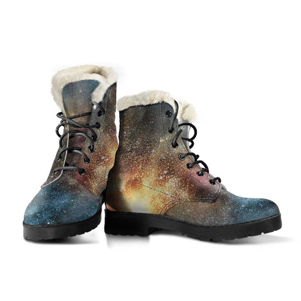 Groovy Galaxy Space Print Faux Fur Leather Boots for Hippie Chic Vibe - 3