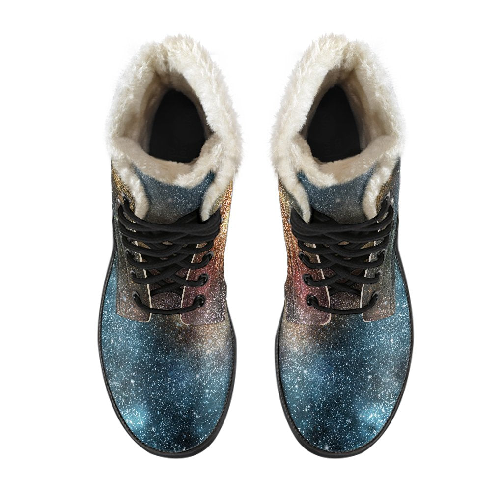 Groovy Galaxy Space Print Faux Fur Leather Boots for Hippie Chic Vibe - 4