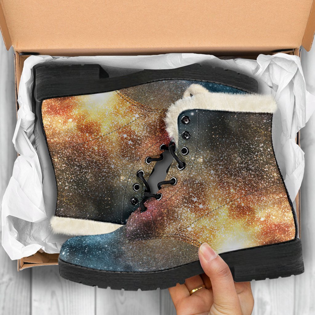 Groovy Galaxy Space Print Faux Fur Leather Boots for Hippie Chic Vibe - 5