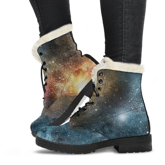 Groovy Galaxy Space Print Faux Fur Leather Boots for Hippie Chic Vibe - 1