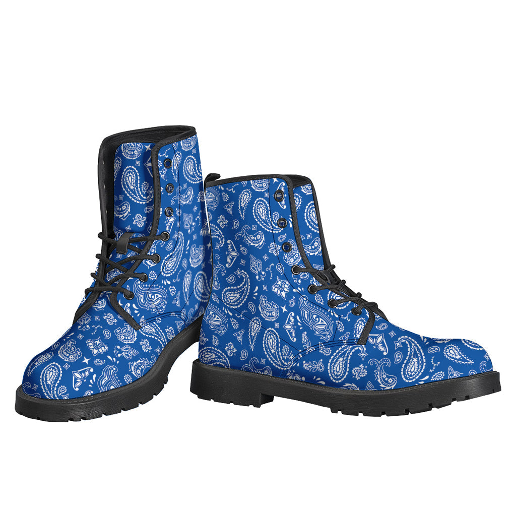 Blue Paisley Bandana Pattern Leather Lightweight Boots for Boho Hippies - 3