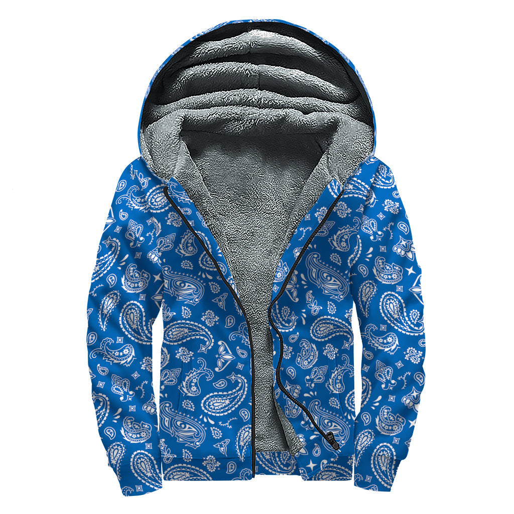 Blue Paisley Bandana Print Hippie Sherpa-Lined Hoodie - 1