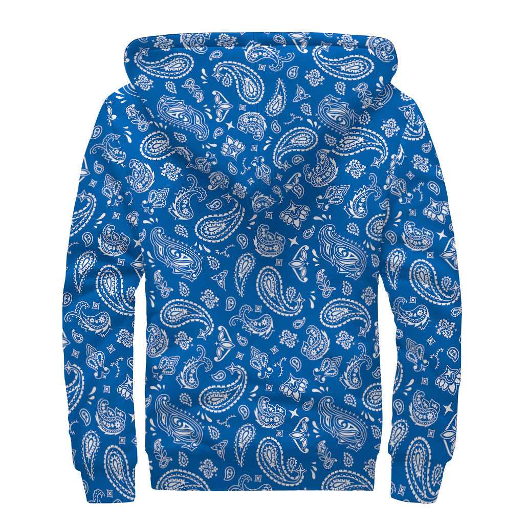 Blue Paisley Bandana Print Hippie Sherpa-Lined Hoodie - 2