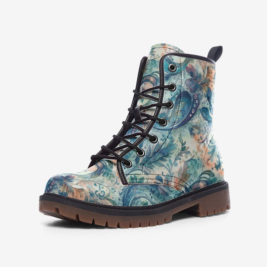 Emerald Blossoms Boots - Blue Paisley Print Casual Faux Leather Lightweight Boots For Hippies