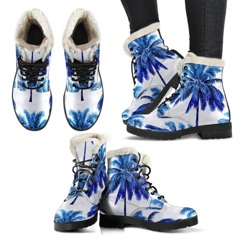 Blue Palm Tree Faux Fur Leather Hippie Boots - 2