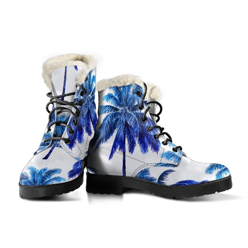 Blue Palm Tree Faux Fur Leather Hippie Boots - 3